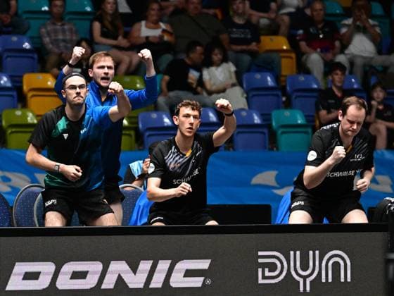 RECORD DATE NOT STATED Die Bank des TTC Schwalbe Bergneustadt im Halbfinale des TTBL Final Four in Frankfurt. Die Bank des TTC Schwalbe Bergneustadt jubelt im Halbfinale des TTBL Final Four in Frankfurt am Main in der Süwag Energie Arena am 30. Mai 2026. Frankfurt am Main Hessen Germany