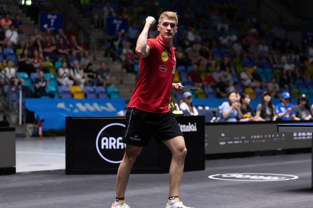 Anton Kaellberg (SWE, Borussia Duesseldorf) celebrates the victory over Romain Ruiz (FRA, TTC Schwalbe Bergneustadt) with a triumphant fist pump during the semifinal matches Borussia Düsseldorf TTC Schwalbe of the Liebherr TTBL Final4 at the Süwag Energie ARENA on May 30, 2026, in Frankfurt, Germany Copyright: JoaquimxFerreira