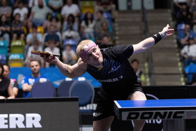 Romain Ruiz (FRA, TTC Schwalbe Bergneustadt) serve during the semifinal matches Borussia Düsseldorf TTC Schwalbe of the Liebherr TTBL Final4 at the Süwag Energie ARENA on May 30, 2026, in Frankfurt, Germany Copyright: JoaquimxFerreira