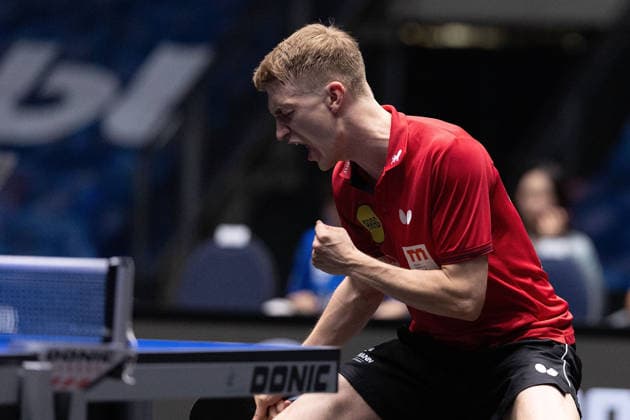 Anton Kaellberg (SWE, Borussia Duesseldorf) celebrates the victory over Romain Ruiz (FRA, TTC Schwalbe Bergneustadt) with a triumphant fist pump during the semifinal matches Borussia Düsseldorf TTC Schwalbe of the Liebherr TTBL Final4 at the Süwag Energie ARENA on May 30, 2026, in Frankfurt, Germany Copyright: JoaquimxFerreira