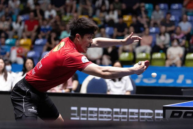 Dang Qiu (GER, Borussia Duesseldorf) in action during the semifinal matches Borussia Düsseldorf TTC Schwalbe of the Liebherr TTBL Final4 at the Süwag Energie ARENA on May 30, 2026, in Frankfurt, Germany Copyright: JoaquimxFerreira