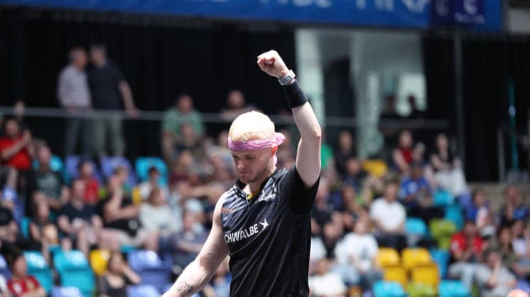 30.05.2026, xrekx, Tischtennis TTBL Final 4, Borussia Düsseldorf - TTC Schwalbe Bergneustadt v.l. Romain Ruiz (TTC Schwalbe Bergneustadt) lacht, laechelt, positiv, zufrieden, laughs, smiles, positive, satisfied (DFL DFB REGULATIONS PROHIBIT ANY USE OF PHOTOGRAPHS as IMAGE SEQUENCES and or QUASI-VIDEO) Frankfurt am Main