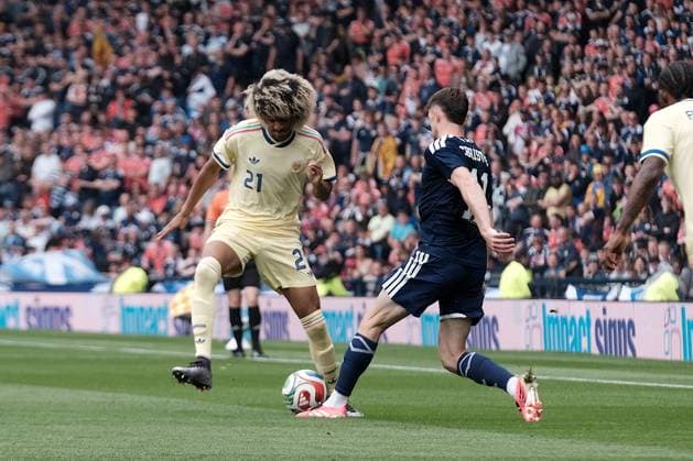 UK: Scotland v Curacao, International Friendly, Länderspiel, Nationalmannschaft at Barclays Hampden, Glasgow, Scotland on 30 May 2026: Pictured: Tahith Chong (Curacao) and Ryan Christie (Scotland) Glasgow Barclays Hampden Scotland Copyright: xAlexxToddx