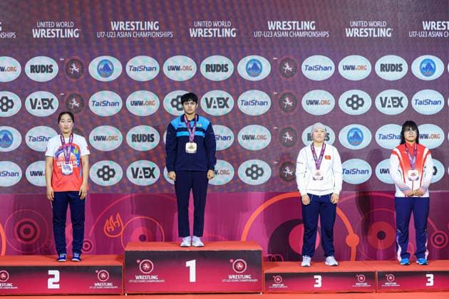 U17, U 17 Wrestling Asian Championships Podium 73kg WW - Gold: Garima Garima (IND), Silver: Namuuntsetseg Batbold (MGL), Bronze: Salkynai Sabatbekova (KGZ), Min Zhao (CHN)