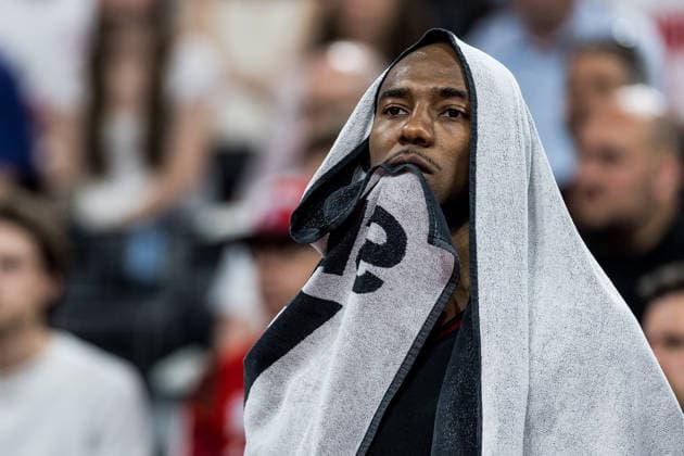 MUNICH, GERMANY - MAY 30: Isiaha Mike (FC Bayern Muenchen, 22) biting down on his towel during the easyCredit Basketball Bundesliga Playoffs Semi-final match 1 between FC Bayern Muenchen vs. Telekom Baskets Bonn at SAP Garden on match 1 of easyCredit Basketball Bundesliga Playoffs Semi-final on May 30, 2026 in Munich, Germany. Bavaria Germany Copyright: xSteffiexWunderlx