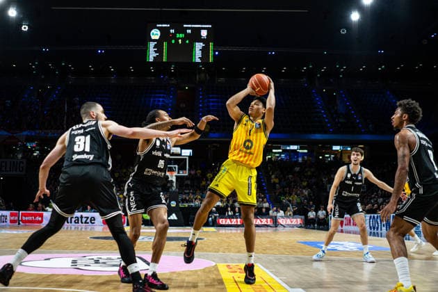 Jack Kayil (Alba Berlin, 7) mit einem Wurfversuch 30.05.2026, Alba Berlin vs Bamberg Baskets, Basketball, BBL, Max-Schmeling Halle, Berlin DFL regulations prohibit any use of photographs as image sequences and or quasi-video. Copyright: HMBxMedia xFinnxWeidmann