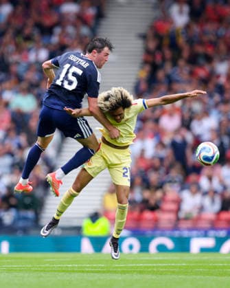 RECORD DATE NOT STATED 30th May 2026; Hampden Park, Glasgow, Scotland; Friendly International Football, Scotland versus Curacao; John Souttar of Scotland challenges for the ball with Tahith Chong of Curacao DavidxYoung