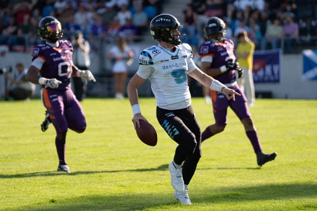 30.05.2026, xhfmx, American Football EFA European Football Alliance, Frankfurt Galaxy - Munich Ravens Russell Tabor (Munich Ravens, 9) erzielt einen Touchdown gegen Frankfurt (DFL DFB REGULATIONS PROHIBIT ANY USE OF PHOTOGRAPHS as IMAGE SEQUENCES and or QUASI-VIDEO) Frankfurt am Main