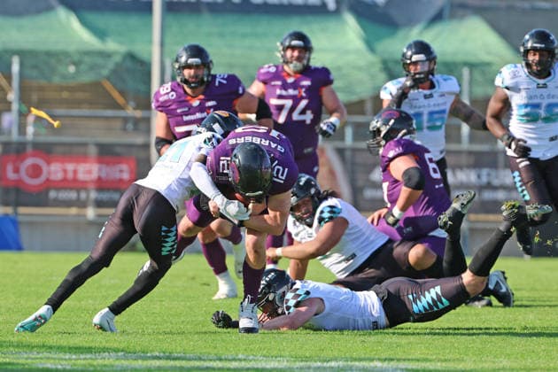 Quarterback Ethan Garbers (Frankfurt Galaxy Nr. 12) ist immer zu eigenen Läufen gezwungen, Frankfurt Galaxy - Munich Ravens, American Football, EFA, The European Football Alliance, Saison 2026, Bornheimer Hang, 30.05.2026, Frankfurt Bornheimer Hang Deutschland