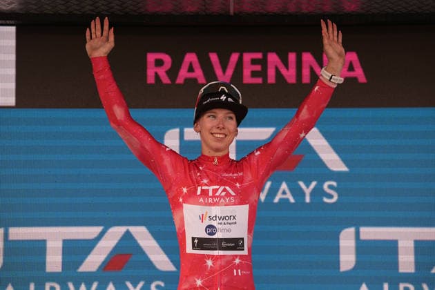 Netherlands™s Lorena Wiebes of Team SD Worx - Protime™s winner of the stage on the podium during Stage 1 of the Giro d™Italia Women, from Cesenatico to Ravenna, Italy, Saturday May 30, 2026  Copyright: xMarcoxAlpozzi LaPressex