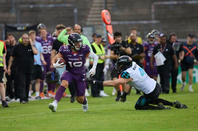 Frankfurt Galaxy - Munich Ravens, American Football, European Football Alliance (EFA), Saison 2026, 30.05.2026. 19 Nico Strahmann (WR, Frankfurt Galaxy) im Spiel zwischen Frankfurt Galaxy und Munich Ravens in der European Football Alliance (EFA) in Frankfurt am Main, Deutschland. Hessen Deutschland