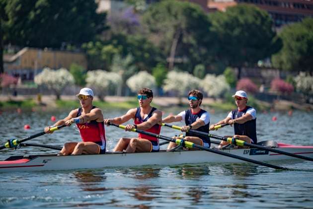 Seville, Spain. 30 May 2026. Rowers Jorge Knabe, Dennis Carracedo Ferrero, Pau Sanchez Batlle and Eric Pastor (Spain) ahead of the M4- Men s Coxless Four Semifinal 1 Race at the World Rowing Cup 1 2026 at CEAR La Cartuja. Copyright: xDavidxSarmientox xVWPicsx DSG-0854