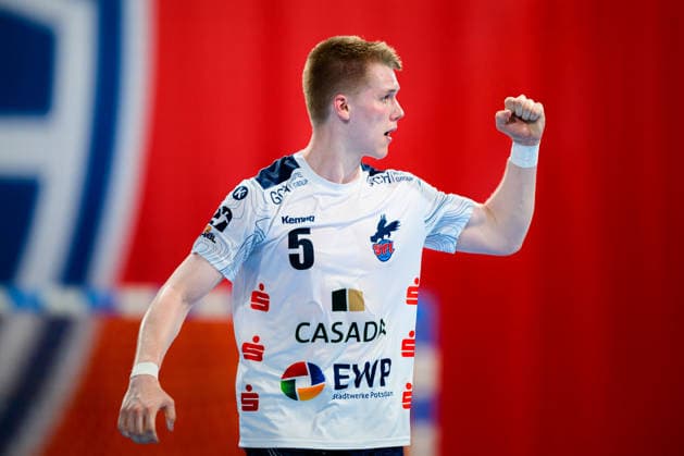 Bietigheim: HBL - 25 26 - SG BBM Bietigheim - VfL Potsdam Jan Grüner Gruener (Potsdam) Jubel Freude Emotion Bietigheim-Bissingen Egetrans Arena Baden-Württemberg Deutschland