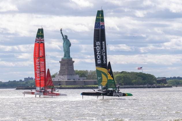 RECORD DATE NOT STATED 2026 Rolex SailGP Championship Mubadala New York Sail Grand Prix (NEW) 2026 Rolex SailGP Championship Mubadala New York Sail Grand Prix. May 30, 2026, New York, New York, USA: (L-R) Team Emirates GBR and Team Australia BONDS Flying Roos SailGP boats practice during Day 1 of the Mubadala New York Sail Grand Prix at New York Harbor on May 30, 2026 in New York City. (Credit: M10s TheNews2)(Foto: M10S Thenews2 imago images) SPO  Copyright: xM10sx