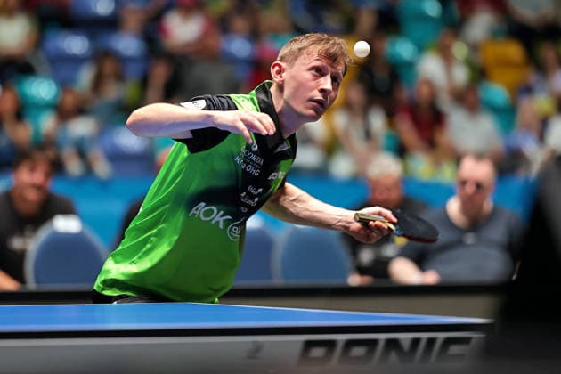 Irvin Bertrand (SV Werder Bremen) beim Aufschlag. GER Frankfurt TTBL Liebherr Finale Four FC Saarbruecken vs. SV Werder Bremen, Tischtennis Suewag Energie Arena 30.05.2026. GER Frankfurt TTBL Liebherr Finale Four Tischtennis Suewag Energie Arena FC Saarbruecken vs. SV Werder Bremen Deutsche Meiterschaft 30.05.2026. Frankfurt Copyright: xEibner-Pressefoto JoergxHirschx EP_JHH