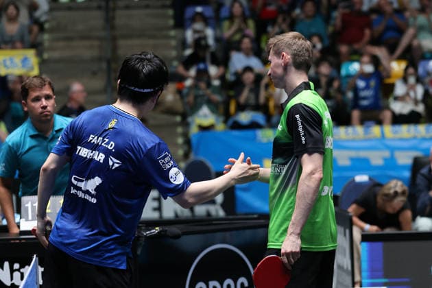 Fan Zhendong (FC Saarbrücken-TT) gewinnt mit 3:1. GER Frankfurt TTBL Liebherr Finale Four FC Saarbruecken vs. SV Werder Bremen, Tischtennis Suewag Energie Arena 30.05.2026. GER Frankfurt TTBL Liebherr Finale Four Tischtennis Suewag Energie Arena FC Saarbruecken vs. SV Werder Bremen Deutsche Meiterschaft 30.05.2026. Frankfurt Copyright: xEibner-Pressefoto JoergxHirschx EP_JHH