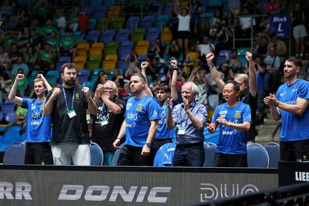 Nicolas Barrois jubelt vom Sieg Darko Jorgic (FC Saarbrücken-TT) GER Frankfurt TTBL Liebherr Finale Four FC Saarbruecken vs. SV Werder Bremen, Tischtennis Suewag Energie Arena 30.05.2026. GER Frankfurt TTBL Liebherr Finale Four Tischtennis Suewag Energie Arena FC Saarbruecken vs. SV Werder Bremen Deutsche Meiterschaft 30.05.2026. Frankfurt Copyright: xEibner-Pressefoto JoergxHirschx EP_JHH