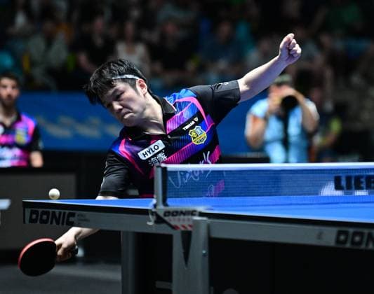 RECORD DATE NOT STATED Olympiasieger Fan Zhendong im Finale des TTBL Final Four in Frankfurt. Der chinesische Olympiasieger Fan Zhendong vom 1. FC Saarbrücken-TT im Einsatz gegen Borussia Düsseldorf im Finale des TTBL Final Four in Frankfurt am Main in der Süwag Energie Arena am 31. Mai 2026. Frankfurt am Main Hessen Germany