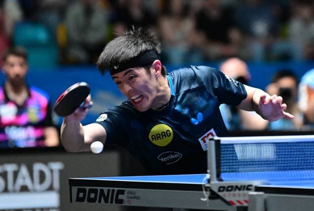 RECORD DATE NOT STATED Dang Qiu im Finale des TTBL Final Four in Frankfurt. Der deutsche Nationalspieler Dang Qiu von Borussia Düsseldorf im Einsatz gegen den 1. FC Saarbrücken-TT im Finale des TTBL Final Four in Frankfurt am Main in der Süwag Energie Arena am 31. Mai 2026. Frankfurt am Main Hessen Germany