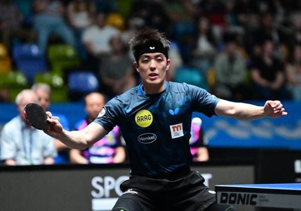 RECORD DATE NOT STATED Dang Qiu im Finale des TTBL Final Four in Frankfurt. Der deutsche Nationalspieler Dang Qiu von Borussia Düsseldorf im Einsatz gegen den 1. FC Saarbrücken-TT im Finale des TTBL Final Four in Frankfurt am Main in der Süwag Energie Arena am 31. Mai 2026. Frankfurt am Main Hessen Germany