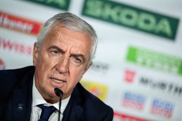 260531 IIHF President Luc Tardif at an end-of-tournament press conference, PK, Pressekonferenz organized by IIHF and the 2026 IIHF Ice hockey, Eishockey World Championship, WM, Weltmeisterschaft Organizing Committee during the 2026 IIHF Ice Hockey World Championship on May 31, 2026 in Zürich. Photo: Jesper Zerman BILDBYRAN kod JZ JZ0741 ishockey ice hockey ishockey-vm 2026 vm 2026 iihf world championship bbeng presskonferens Copyright: JESPERxZERMAN BB260531JZ013