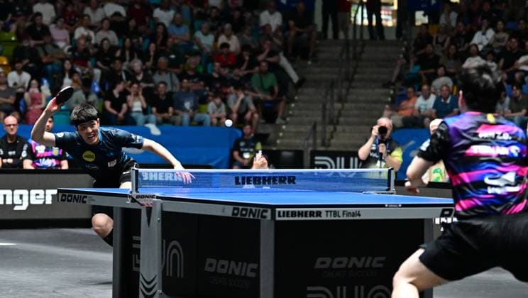 RECORD DATE NOT STATED Dang Qiu im Finale des TTBL Final Four in Frankfurt. Der deutsche Nationalspieler Dang Qiu von Borussia Düsseldorf im Einsatz gegen den 1. FC Saarbrücken-TT im Finale des TTBL Final Four in Frankfurt am Main in der Süwag Energie Arena am 31. Mai 2026. Frankfurt am Main Hessen Germany