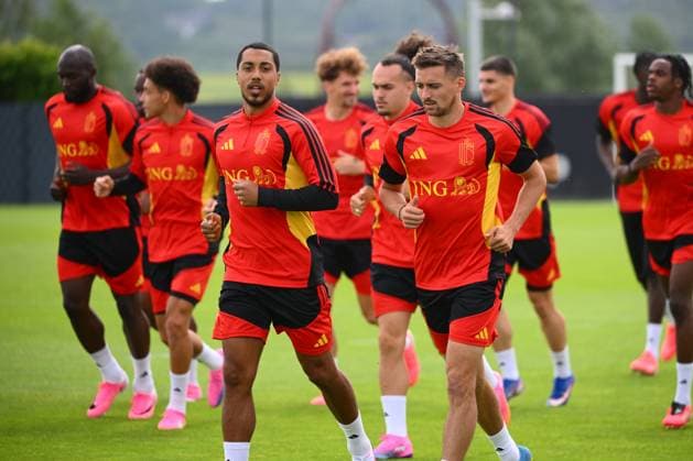 Belgian national football team - FIFA World Cup, WM, Weltmeisterschaft, Fussball 2026 - media activities 31 05 2026 TUBIZE, BELGIUM - MAY 31 : Tielemans Youri midfielder of Belgium, Castagne Timothy defender of Belgium pictured during a training session at the training grounds of the Royal Belgian Football Association ahead of the FIFA World Cup 2026 on May 31, 2026 in Tubize, Belgium, 31 05 2026 Tubize Belgium  Copyright: xVincentxKalutx