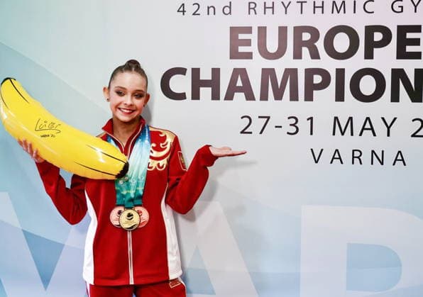 BULGARIA, VARNA - MAY 31, 2026: Gold medalist Sofia Ilteryakova of Russia poses after an award ceremony for the individual hoop event at the 2026 Rhythmic gymnastics, Rhythmische Sportgymnastik, RSG European Championships at the Palace of Culture and Sports 2026 Rhythmic Gymnastics European Championships  - ZUMAt113 20260531_zaa_t113_247 Copyright: xIgorxLenkinx