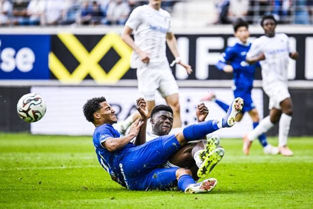 Gent s Momodou Lamin Sonko and Genk s Josue Kongolo pictured in action during a soccer match between KAA Gent and Racing Genk, Sunday 31 May 2026 in Gent, an European Play-off game of the 2025-2026 Jupiler Pro League first division of the Belgian championship. TOM GOYVAERTS TomxGoyvaerts  x175561458x
