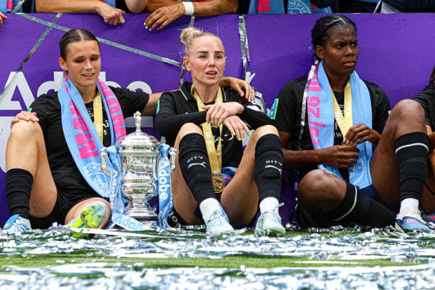 LONDON, ENGLAND - May 31: Kerstin Casparij, Alex Greenwood and Khadija Bunny Shaw of Manchester City celebrate the win during the Adobe Womens FA Cup Final match between Brighton and Hove Albion and Manchester City at Wembley Stadium, May 31 in London, England Copyright: xNataliexMincher SPPx Sportspressphoto_SPR158026