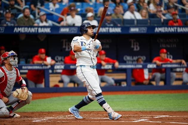 May 31, 2026, St. Petersburg, Florida, USA: Tampa Bay Rays first baseman Jonathan Aranda (8) hits a solo homer off of Los Angeles Angels pitcher Jack Kochanowicz (41) during the first inning at Tropicana Field on Sunday, May 31, 2026, in St. Petersburg. St. Petersburg USA - ZUMAs70_ 20260531_zan_s70_013 Copyright: xJeffereexWoox