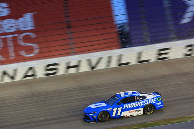 NASHVILLE, TN - MAY 31: Denny Hamlin ( 11 Joe Gibbs Racing Progressive Insurance Toyota) races into turn 3 during the running of the NASCAR, Motorsport, USA Cup Series Cracker Barrel 400 on May 31, 2026 at Nashville Superspeedway in Lebanon, TN. (Photo by Jeff Robinson Icon Sportswire) AUTO: MAY 31 NASCAR Cup Series Cracker Barrel 400 EDITORIAL USE ONLY Icon26053120851400