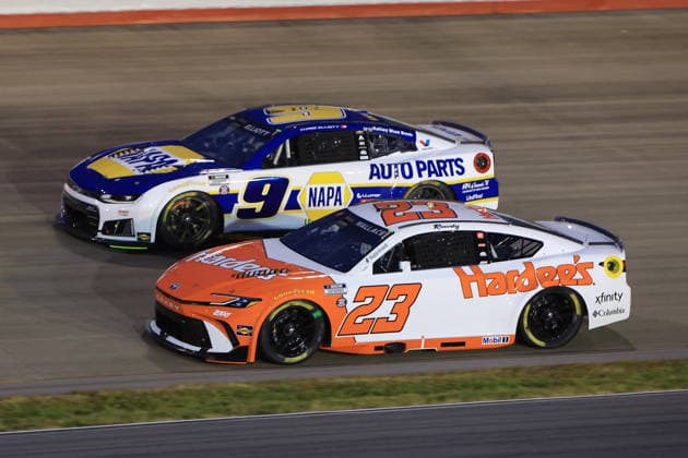 NASHVILLE, TN - MAY 31: Bubba Wallace ( 23 23XI Racing Hardee s Toyota) races with Chase Elliott ( 9 Hendrick Motorsports NAPA Auto Parts Chevrolet) into turn 2 during the running of the NASCAR, Motorsport, USA Cup Series Cracker Barrel 400 on May 31, 2026 at Nashville Superspeedway in Lebanon, TN. (Photo by Jeff Robinson Icon Sportswire) AUTO: MAY 31 NASCAR Cup Series Cracker Barrel 400 EDITORIAL USE ONLY Icon26053121298400