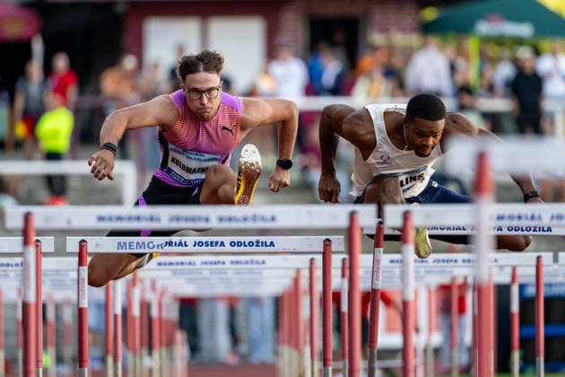 From left Jonas Kolomaznik of Czech Republic and Louis Rollins of USA, 110 metres hurdles, men, 33th Josef Odlozil Memorial, international athletics meeting, part of WACT European Bronze Meeting, in Prague, Czech Republic, June 1, 2026. (CTKxPhoto OndrejxDeml) CTKPhotoP2026060106577  CTKPhotoP2026060106577