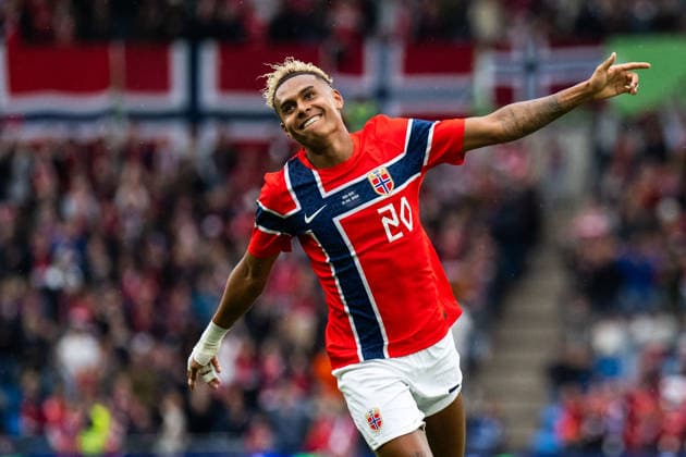 260601 Antonio Nusa of Norway celebrates after 2-0 during the International Friendly, Länderspiel, Nationalmannschaft football match between Norway and Sweden on June 1, 2026 in Oslo. Photo: Joel Marklund BILDBYRAN kod JM JM0820 bbeng fotboll football soccer fotball träningslandskamp privatlandskamp landskamp international friendly norge norway sverige sweden sverige a jubel Copyright: JOELxMARKLUND BB260601JM053