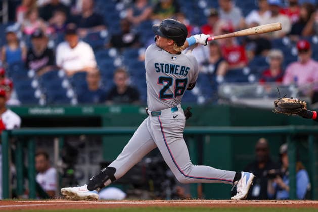 June 2, 2026, Washington D.C, District Of Columbia, United States: Washington, DC; Miami Marlins left fielder Kyle Stowers (28) grounds out during the Major League Baseball game between the Washington Nationals and the Miami Marlins at Nationals Park on Tuesday, June 2, 2026. The Marlins beat the Nationals 7-3. Washington D.C United States - ZUMAp258 20260602_znp_p258_087 Copyright: xStevexPrakopex