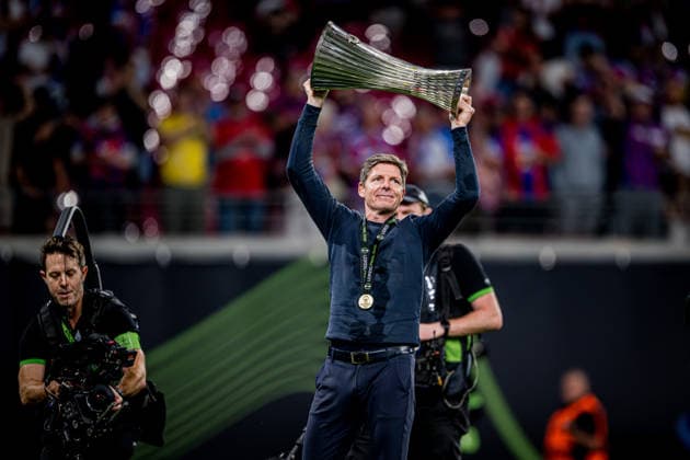 Crystal Palaces Oliver Glasner. Fussball UEFA Conference League 2026 Finale: Crystal Palace - Rayo Vallecano 27. Mai 2026: Leipzig, Red Bull Arena. Conference League Finale 2026