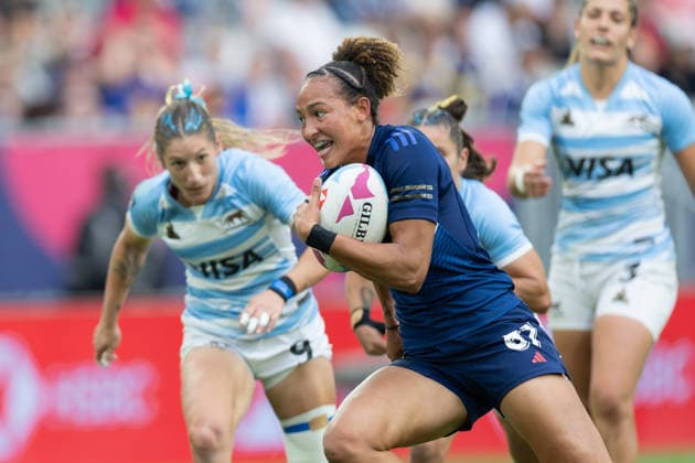 Bordeaux Sevens, SVNS Rugby World Championship, WM, Weltmeisterschaft Kelly Arbey (Frankreich) auf dem Weg zu einem Versuch. Zweites Gruppenspiel zwischen Frankreich und Argentinien. Drittes Turnier der SVNS World Championship, Siebener-Rugby WM vom 5. bis 7. Juni 2026 in Bordeaux (Frankreich). Tag 1, Gruppenspiele am 5. Juni 2026., Bordeaux Region Nouvelle-Aquitaine Frankreich Stade Atlantique
