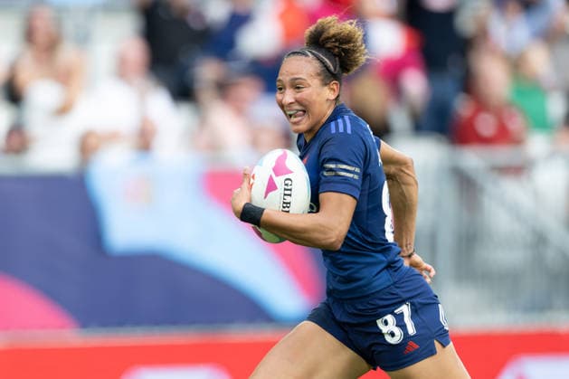 Bordeaux Sevens, SVNS Rugby World Championship, WM, Weltmeisterschaft Kelly Arbey (Frankreich) auf dem Weg zu einem Versuch. Zweites Gruppenspiel zwischen Frankreich und Argentinien. Drittes Turnier der SVNS World Championship, Siebener-Rugby WM vom 5. bis 7. Juni 2026 in Bordeaux (Frankreich). Tag 1, Gruppenspiele am 5. Juni 2026., Bordeaux Region Nouvelle-Aquitaine Frankreich Stade Atlantique