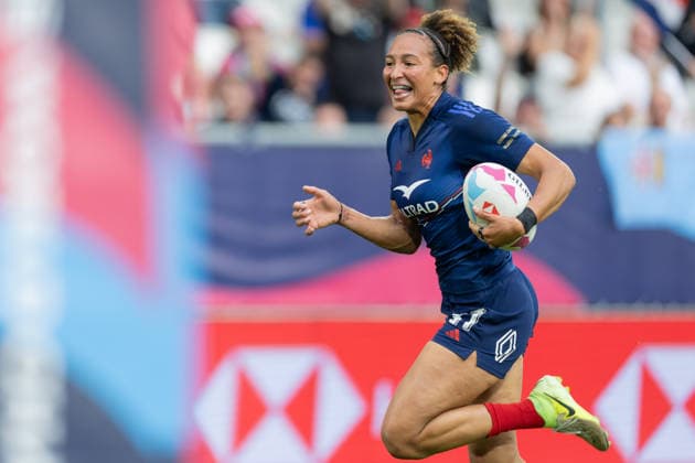 Bordeaux Sevens, SVNS Rugby World Championship, WM, Weltmeisterschaft Kelly Arbey (Frankreich) auf dem Weg zu einem Versuch. Zweites Gruppenspiel zwischen Frankreich und Argentinien. Drittes Turnier der SVNS World Championship, Siebener-Rugby WM vom 5. bis 7. Juni 2026 in Bordeaux (Frankreich). Tag 1, Gruppenspiele am 5. Juni 2026., Bordeaux Region Nouvelle-Aquitaine Frankreich Stade Atlantique