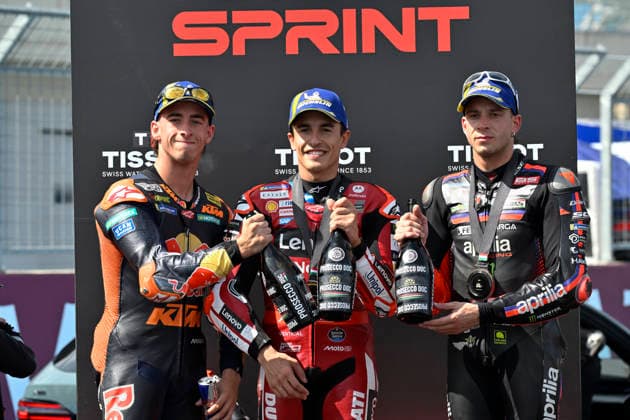 MOTO - MOTO GP - HUNGARY GRAND PRIX 2026 Podium Sprint Race MARQUEZ Marc (spa), Ducati Lenovo Team, Ducati Desmosedici GP26, portrait ACOSTA Pedro (spa), Red Bull KTM Factory Racing, KTM RC16, portrait BEZZECCHI Marco (ita), Aprilia Racing, Aprilia RS-GP26, portrait during the 2026 MotoGP Grand Prix of Hungary , on Balaton Park circuit, from June 5 to 7, in Hungary - Balaton ParkHungary Copyright: xGIGIxSOLDANOx