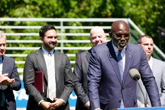 New York, NY- June 8: Governor Hochul and Mayor Mamdani make a World Cup FIFA announcement of a free watch party in Central Park for the FIFA World Cup, WM, Weltmeisterschaft, Fussball 2026 Final on Sunday, July 19. With FIFA President Gianni Infantino, George Weah on June 8, 20267 Credit: AdMedia FIFA 2026 press conference, PK, Pressekonferenz Copyright: xCamaraxPorterx