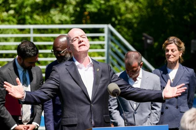 New York, NY- June 8: Governor Hochul and Mayor Mamdani make a World Cup FIFA announcement of a free watch party in Central Park for the FIFA World Cup, WM, Weltmeisterschaft, Fussball 2026 Final on Sunday, July 19. With FIFA President Gianni Infantino, George Weah on June 8, 20267 Credit: AdMedia FIFA 2026 press conference, PK, Pressekonferenz Copyright: xCamaraxPorterx
