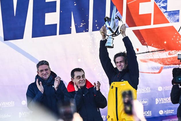 January 14, 2025, Les Sables D olonne, Pays De La Loire, France: This photo taken on January 14, 2025 in Les Sables d Olonne, in Western France, shows Charlie Dalin winning the Vendee Globe 2024-2025. Charlie Dalin Wins The 2024-2025 VendÅ½E Globe  - ZUMAh284 20250114_znp_h284_010 Copyright: xRonanxHoussinx