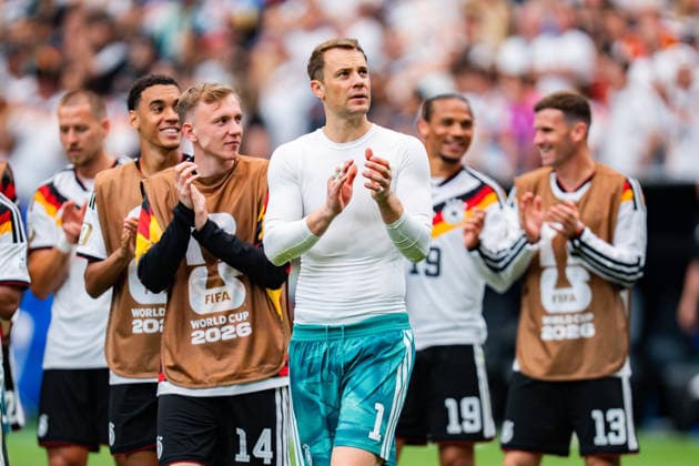 FIFA Fussball Weltmeisterschaft 2026, Gruppe E, Spiel 1, Deutschland vs. Curacao, 14.06.2026 im NRG Stadium in Houston, Texas Jubel nach Abpfiff bei Nathaniel Brown Nico Schlotterbeck David Raum Florian Wirtz Joshua Kimmich Manuel Neuer Jamal Musiala Maximilian Beier Copyright: xBahhoxKarax