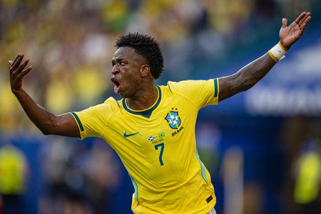 Vinicius Junior of Brazil gestures during the FIFA World Cup, WM, Weltmeisterschaft, Fussball 2026 Group D match between Brazil and Scotland at Miami Stadium in Miami Gardens, Florida, United States, on June 24th, 2026. (Photo by Riquelve Nata Sports Press Photo) Copyright: xRiquelvexNata SportsxPressxPhotox Sportspressphoto_SPR176317