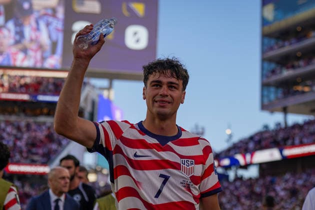 USA: Fußball FIFA World Cup, WM, Weltmeisterschaft, Fussball 2026, Sechzehntelfinale - USA vs Bosnien - Herzegowina im Levi™s Stadium (Santa Clara, San Francisco Bay Area, Kalifornien): Giovanni Reyna (USA, 7) Freude, Emotionen, Jubel Copyright: xJOERANxSTEINSIEKx