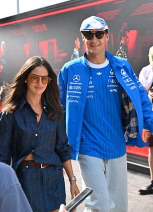 Formula 1, Arrivals, Silverstone, UK, 03 July, 2026. 03 July 2026. George Russell, Mercedes, with his girlfriend Carmen Montero Mundt as they arrive at the Formula 1 Pirelli British Grand Prix at Silverstone, Northamptonshire, UK., Credit:Lee Floyd Lee Floyd - B3214 Avalon UK, Northamptonshire, London, Silverstone Copyright: xLeexFloydx xLeexFloydx-xB3214x xAvalonx 1114147847