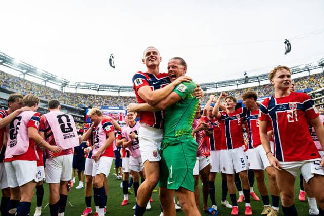 260705 Julian Ryerson and goalkeeper orjan Nyland of Norway celebrate after the FIFA World Cup, WM, Weltmeisterschaft, Fussball 2026 round of 16 football match between Brazil and Norway on July 5, 2026 in New Jersey. Photo: Vegard Grott BILDBYRAN kod VG VG0982 bbeng fotboll football soccer fotball vm fotbolls-vm fotball-vm fotbolls-vm 2026 fifa world cup 2026 new york 8-delsfinale round of 16 brasilien brazil brasil norge norway celebration jubel Copyright: VEGARDxGRoTT BB260705VG069