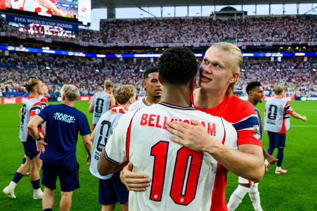 260711 Jude Bellingham of England and Erling Braut Haaland of Norway after the FIFA World Cup, WM, Weltmeisterschaft, Fussball 2026 quarter-final football match between Norway and England on July 11, 2026 in Miami. Photo: Vegard Grott BILDBYRAN kod VG VG0992 bbeng fotboll football soccer fotball vm fotbolls-vm fotball-vm fotbolls-vm 2026 fifa world cup 2026 kvartfinale kvartsfinal quarterfinal quarter-final england norge norway Copyright: VEGARDxGRoTT BB260711VG083
